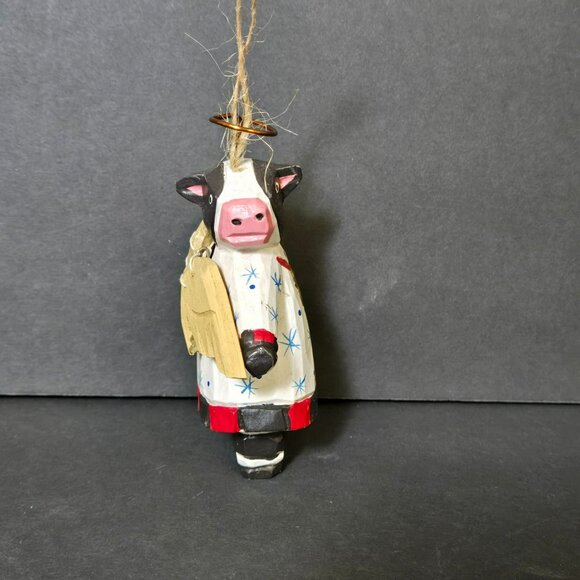Vintage Wooden Wood Folk Art Primitive Cow Angel Christmas Ornament Black White - Picture 2 of 10